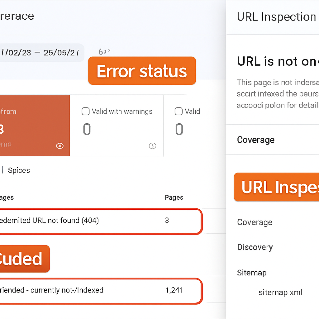 Screenshot-style image of Google Search Console Coverage report showing Errors and Excluded sections, with the URL Inspection panel open on the right, professional, clear annotations highlighting common statuses