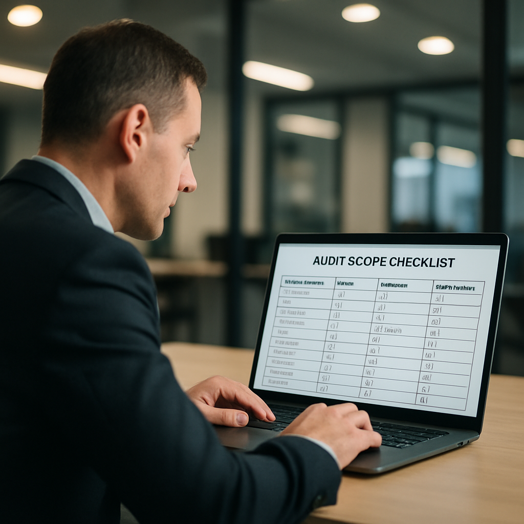 Professional analyst reviewing an audit scope checklist on a laptop screen with a multi-column table showing technical crawl, content, backlinks and performance, modern office lighting, photo realistic