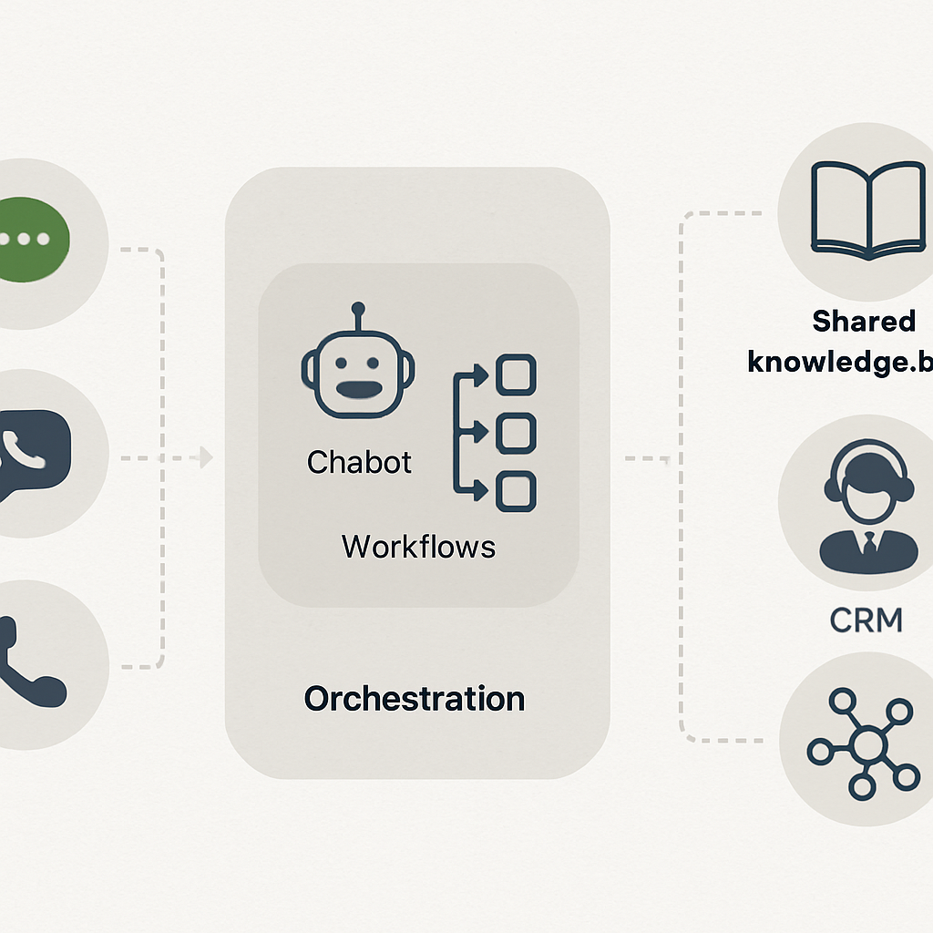 Diagram of customer service automation architecture showing customer touchpoints (SMS, chat, phone), an orchestration layer connecting chatbots and workflows, a shared knowledge base, <a href='https://gleantap.com/features'>CRM integration</a>, and escalation to human agents; photo realistic, professional, clean colors
