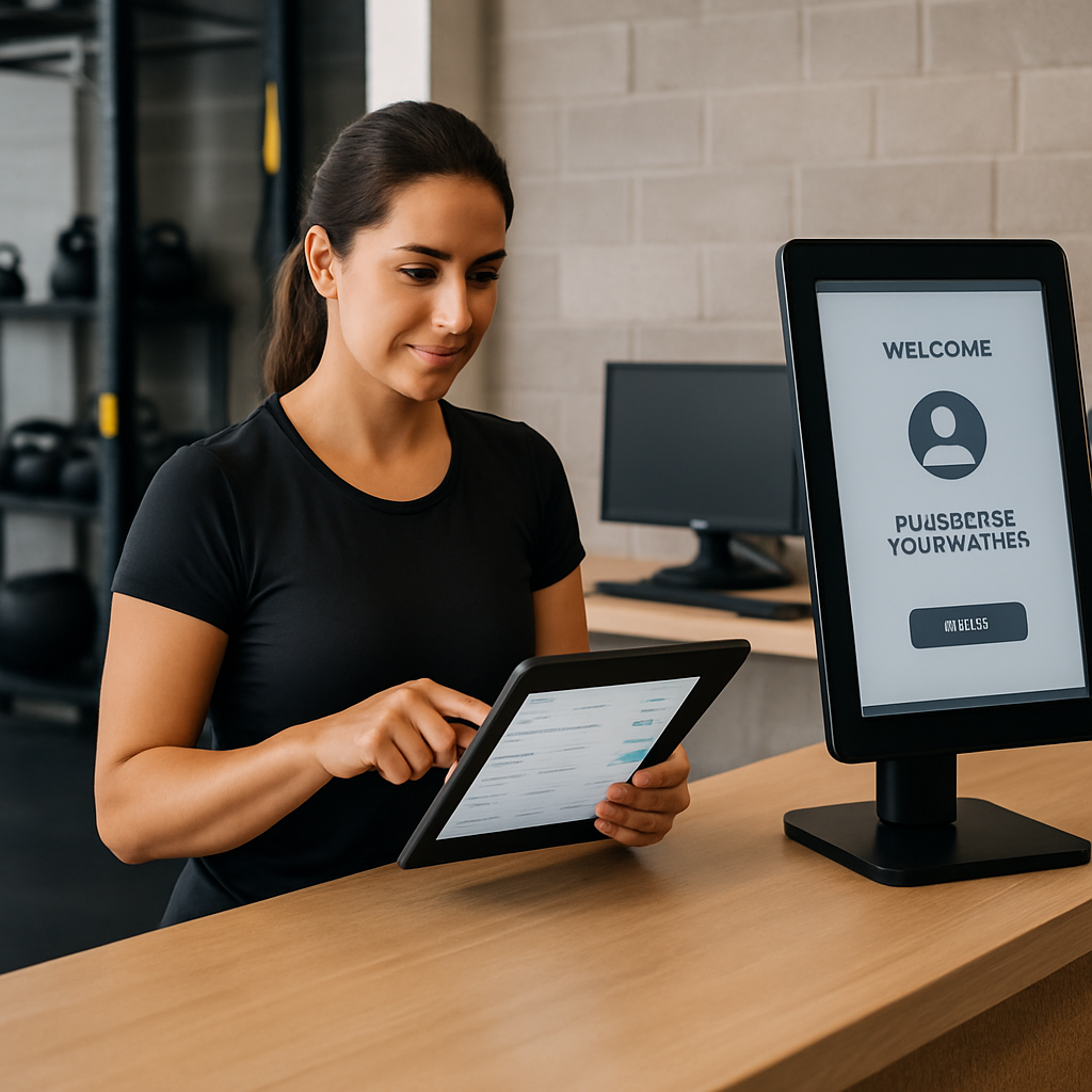 Photo realistic scene of a fitness studio front desk with staff using a tablet showing automated booking confirmations and an adjacent kiosk for digital waiver check-in; professional, practical mood