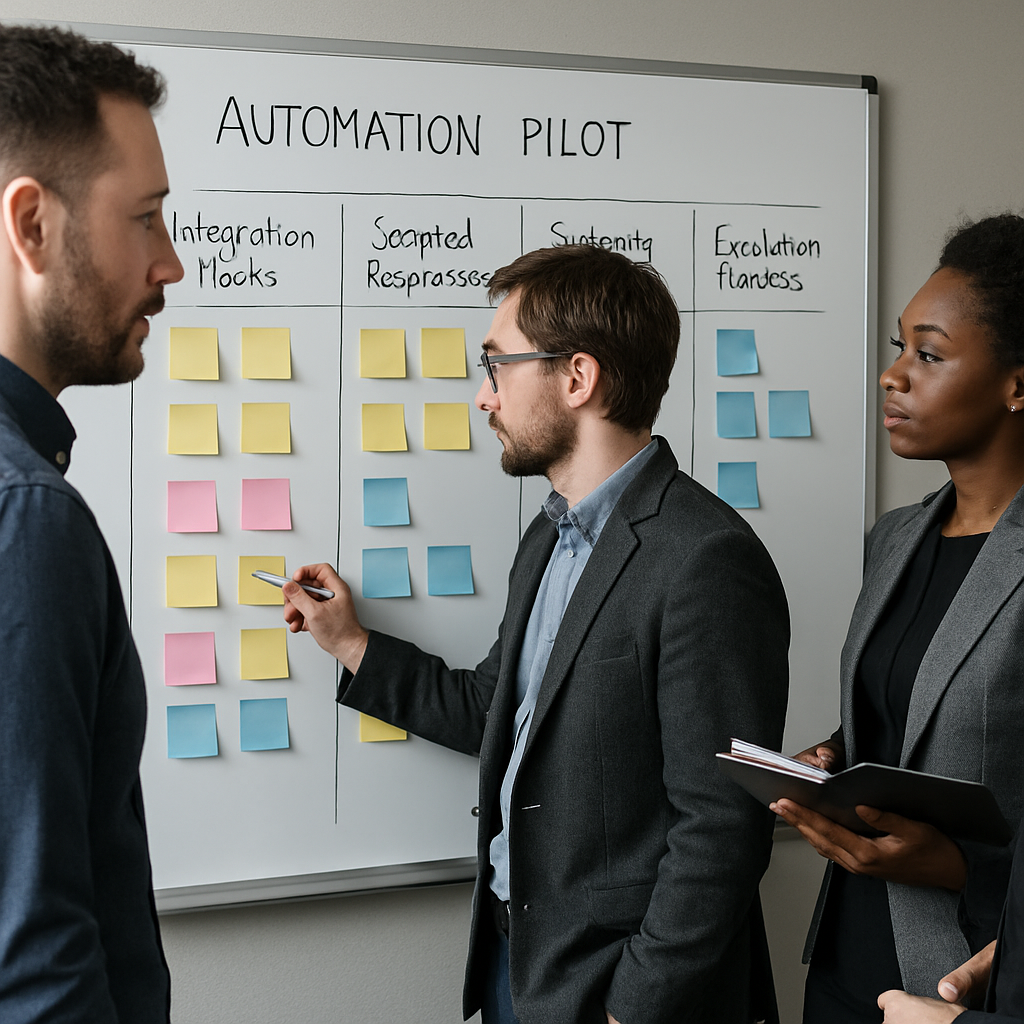 Photo realistic image of a project team around a whiteboard mapping an automation pilot timeline with columns for integration hooks, scripted responses, monitoring metrics, and escalation owners; professional and analytical mood