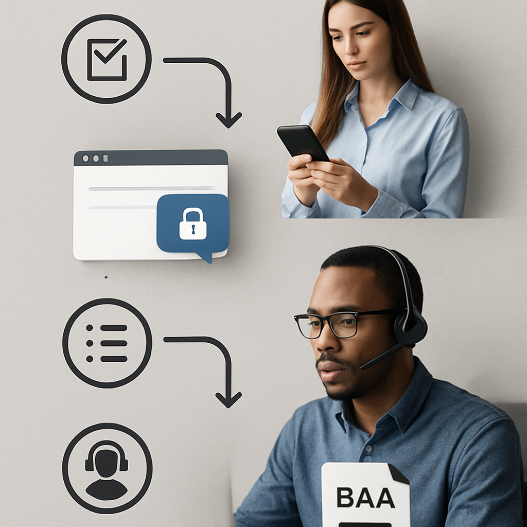 Photo realistic infographic showing a compliance and risk flow for customer service automation: consent capture, secure message link, audit logs, human escalation, and vendor BAA—professional and analytical mood