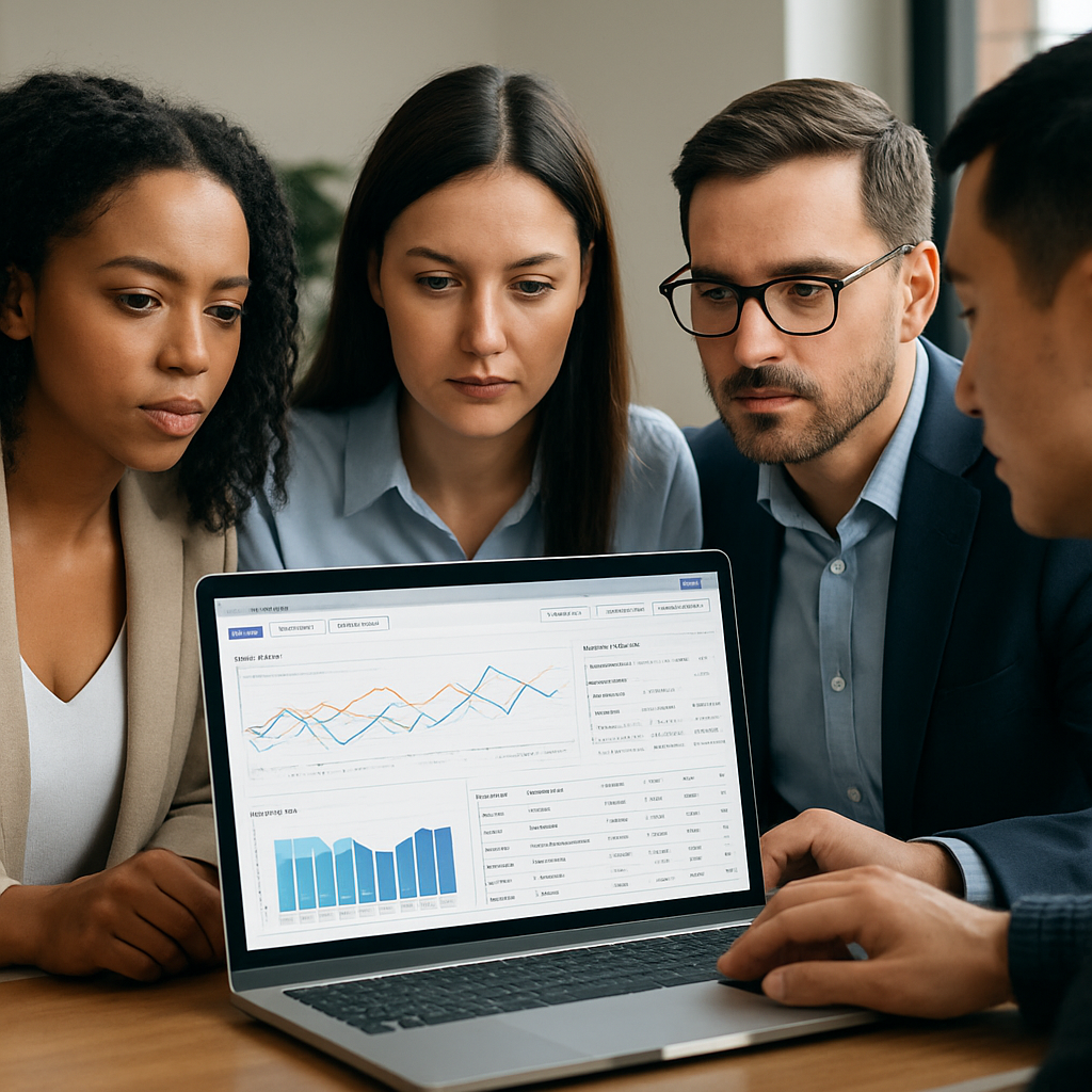 Photo realistic image of a small marketing team around a laptop viewing a SERP tracking dashboard with charts and keyword lists, professional mood, clear graphs and device/location filters visible