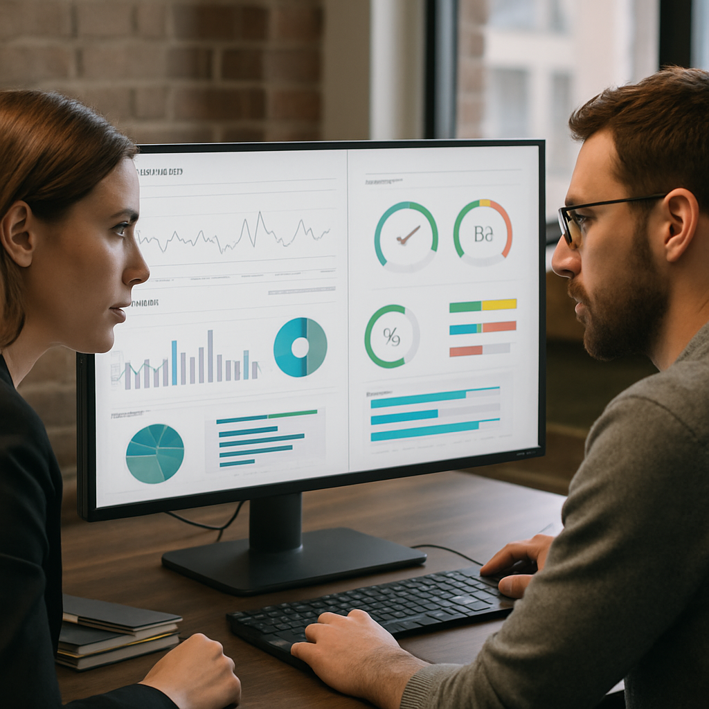 Photo-realistic image of a marketer and developer reviewing two SEO audit reports side-by-side on a large monitor, showing crawl data and Lighthouse scores; professional office setting, analytical mood