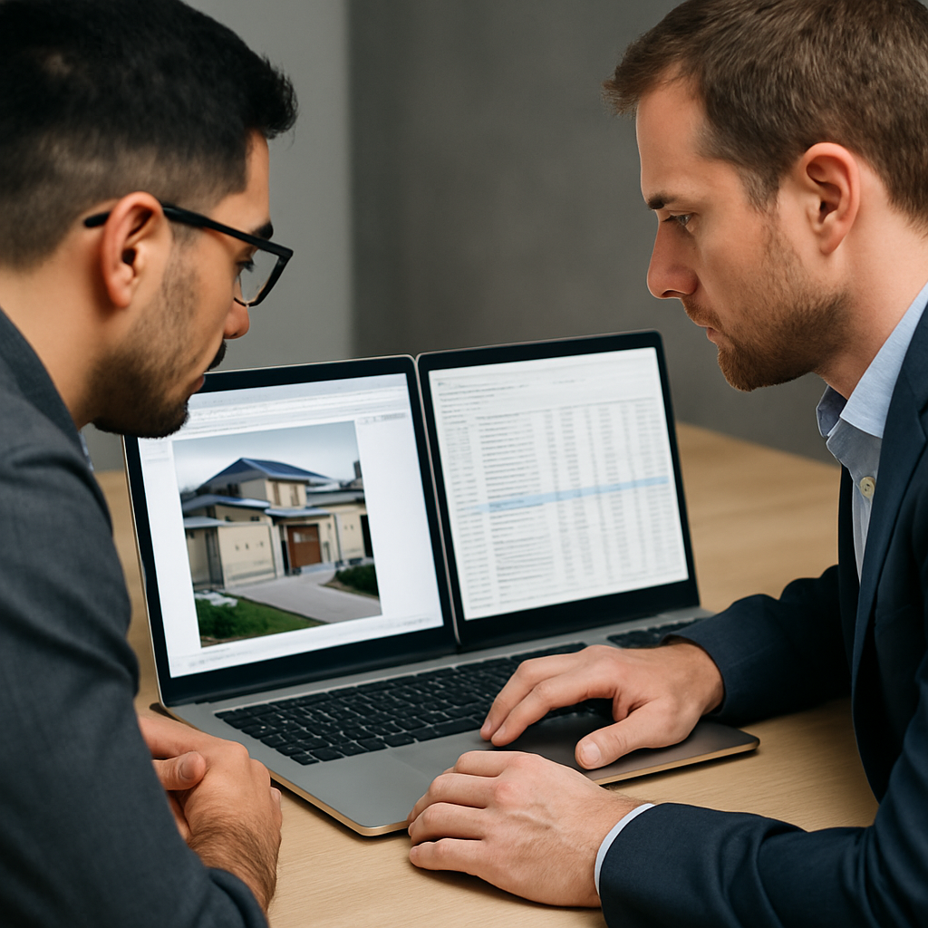 Photo-realistic image of two SEO engineers comparing rendered DOM snapshots and HAR files on a laptop; one screen shows a headless Chrome screenshot and the other shows an audit tool crawl log; professional analytical mood