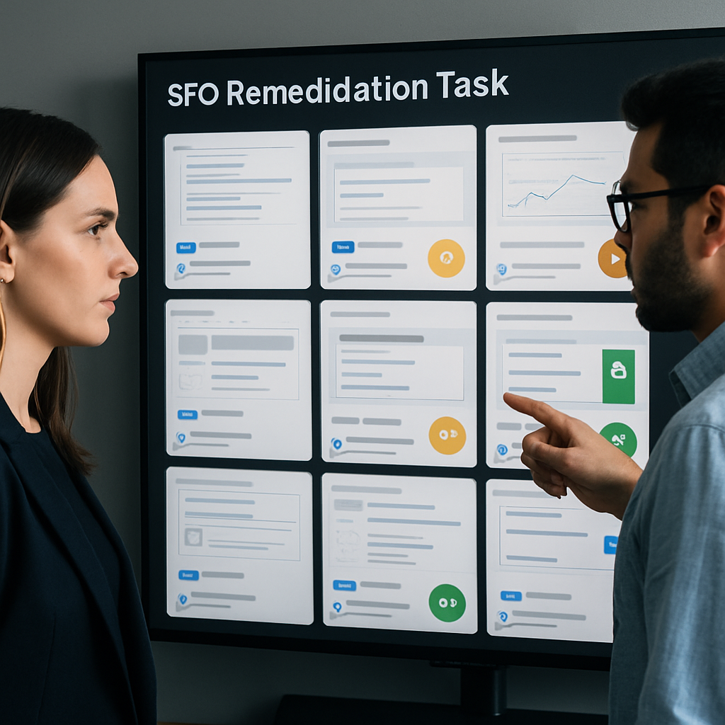 Photo realistic image of a product manager and engineer reviewing a prioritized SEO remediation board on a large monitor; the screen shows tickets with rendered screenshots, priority scores, and Jira issue links; professional analytical mood