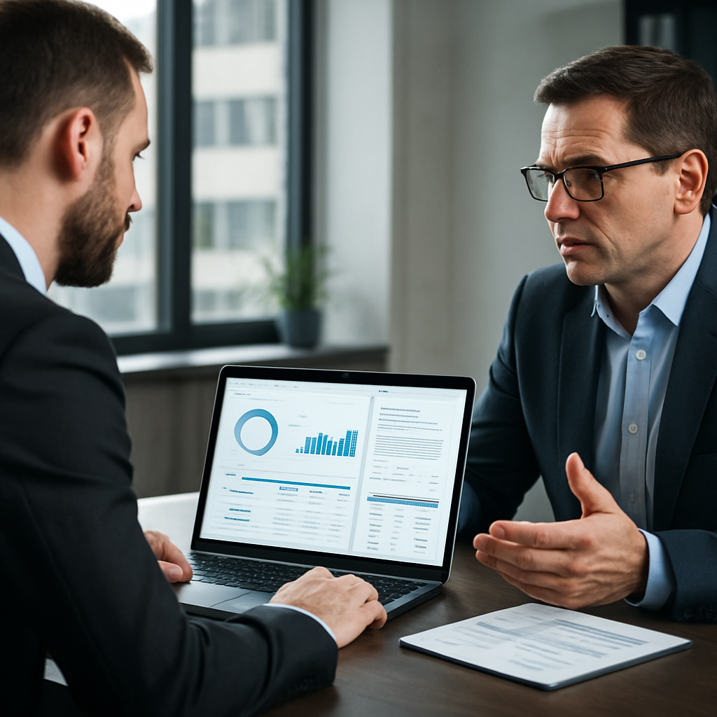 Photo realistic image of a product and procurement manager negotiating SaaS pricing on a laptop screen showing an SEO audit dashboard, support SLA text, and a pricing table; professional office setting, analytical mood