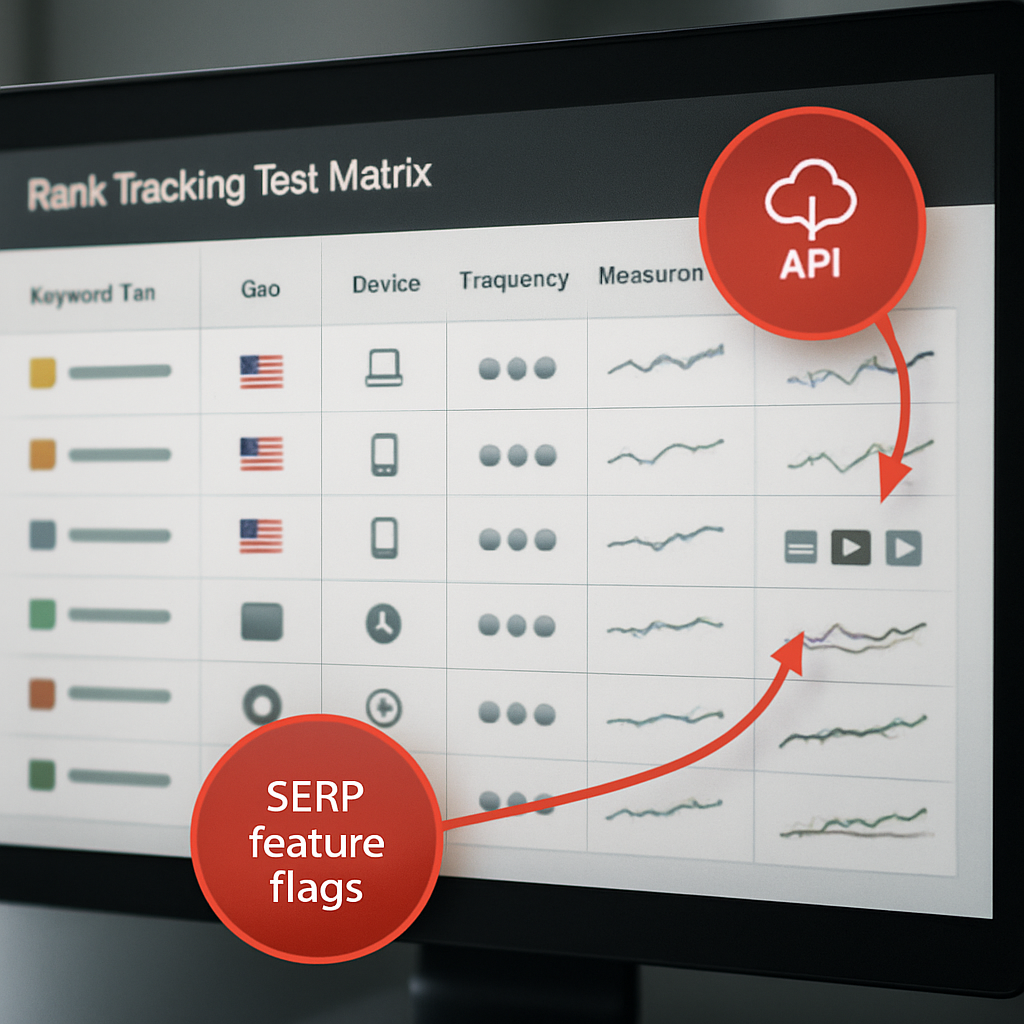 A professional, photo realistic dashboard image showing a rank tracking test matrix: columns for keyword tier, geo, device, frequency, and measured variance; overlay annotations pointing to SERP feature flags and API export activity