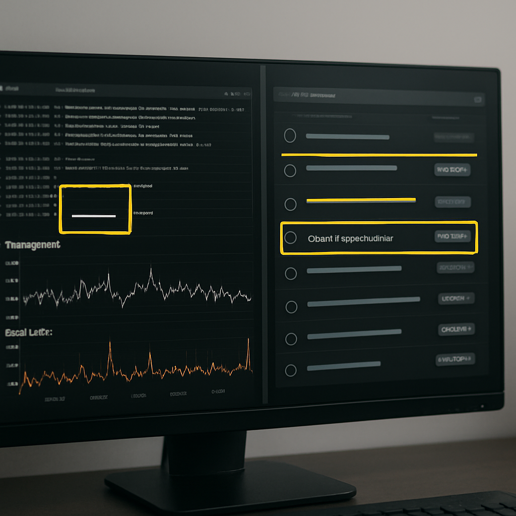 Photo realistic image of a split-screen monitoring setup: left side shows an API export log with throughput metrics and error rates, right side shows a content task list created from rank drop alerts; annotated to highlight rate limits, SERP feature flags, and content brief generation