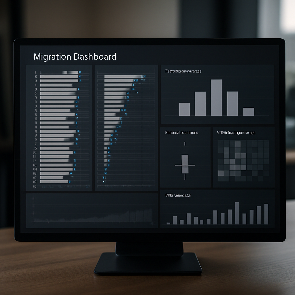 Photo realistic image of a migration dashboard displaying side by side rank exports from two seo ranking checker tools, with panels for permutation counts, median rank delta, SERP feature mismatch heatmap, and API export logs; professional, analytical mood