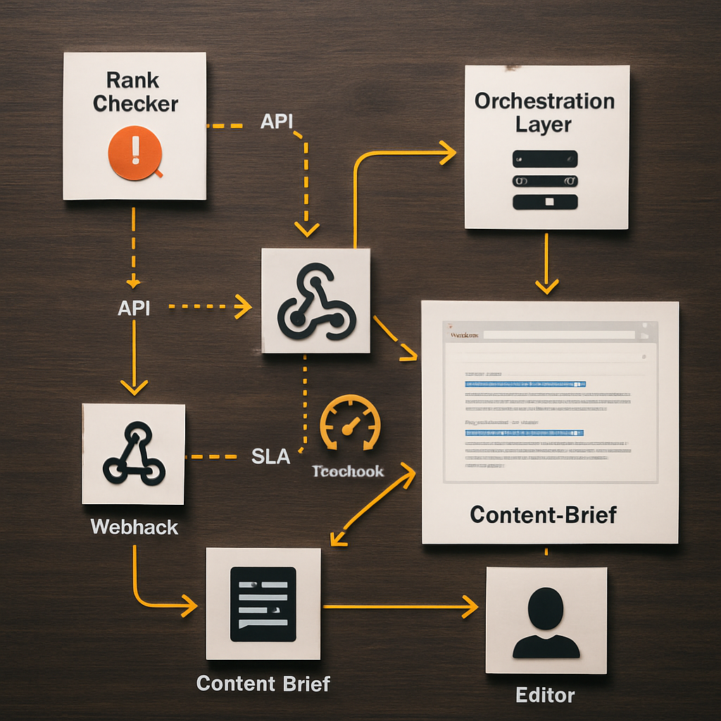 Photo realistic diagram of an automated rank-to-content workflow: rank checker flags drop, webhook fires to an orchestration layer, SERP screenshot attached, content brief auto-generated and assigned to an editor; annotated flow with labels for API calls, thresholds, and SLA timers