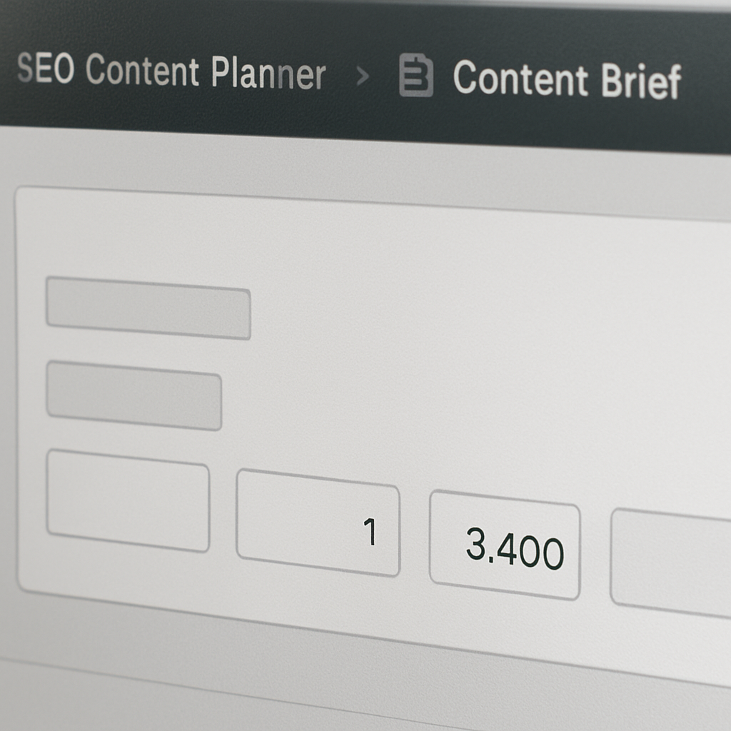 Dashboard screenshot-style image showing KPI fields for a content brief in an SEO content planner: target keyword, target position, traffic estimate, conversion goal, and owner. Photo realistic, professional mood.