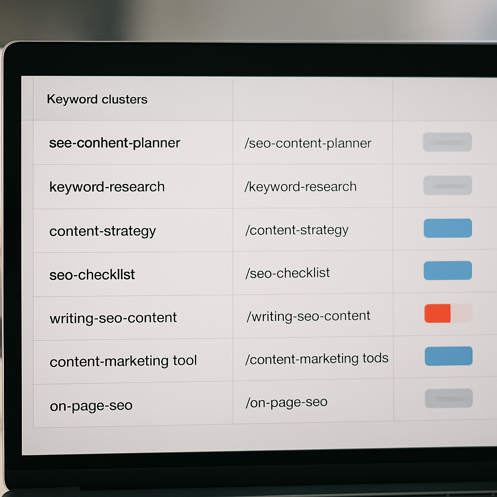 Screenshot-style dashboard showing keyword clusters mapped to site URLs in an SEO content planner: clusters on the left with seed keywords (including seo content planner), mapped URLs in center, and recommended action flags on the right. Photo realistic, professional.