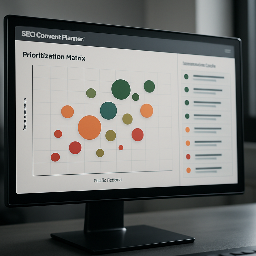 Photo realistic dashboard image of a prioritization matrix inside an seo content planner showing topic bubbles sized by traffic potential, colored by intent match, with a sidebar list of recommended actions for each topic. Professional, analytical mood.