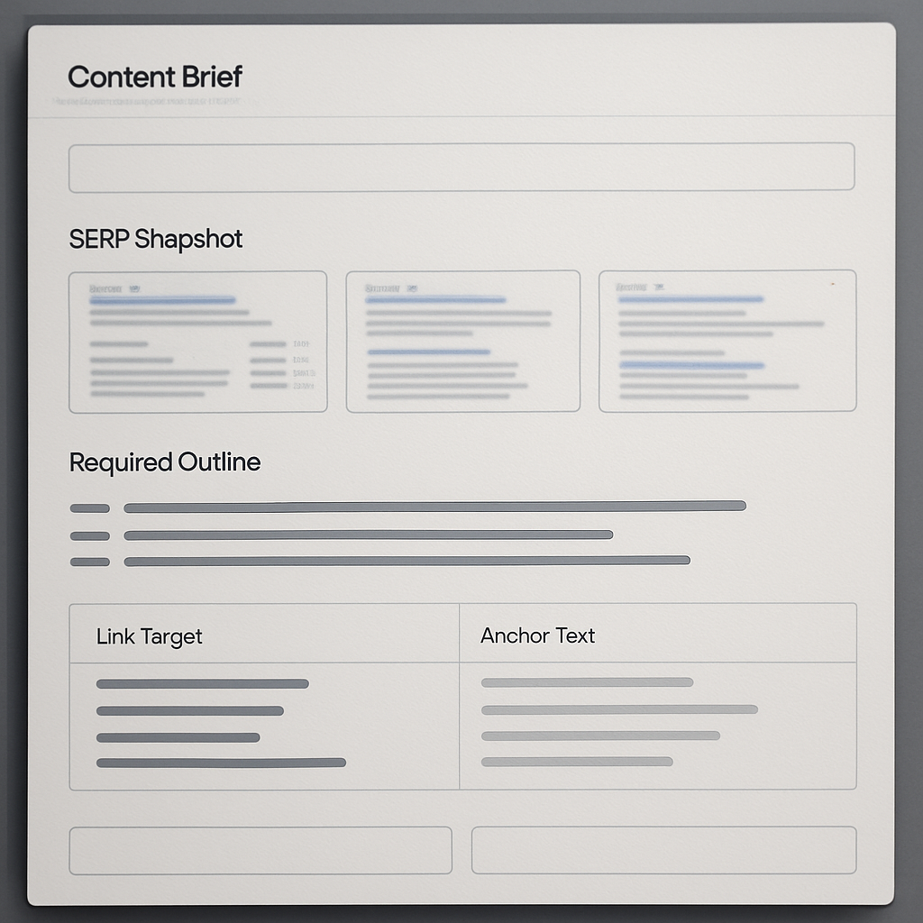 Photo realistic dashboard screenshot of a content brief template inside an SEO content planner showing fields: target keyword cluster, SERP snapshot thumbnails, required H2/H3 outline, internal link targets with anchor text suggestions, CTA and KPI fields. Professional, analytical mood.