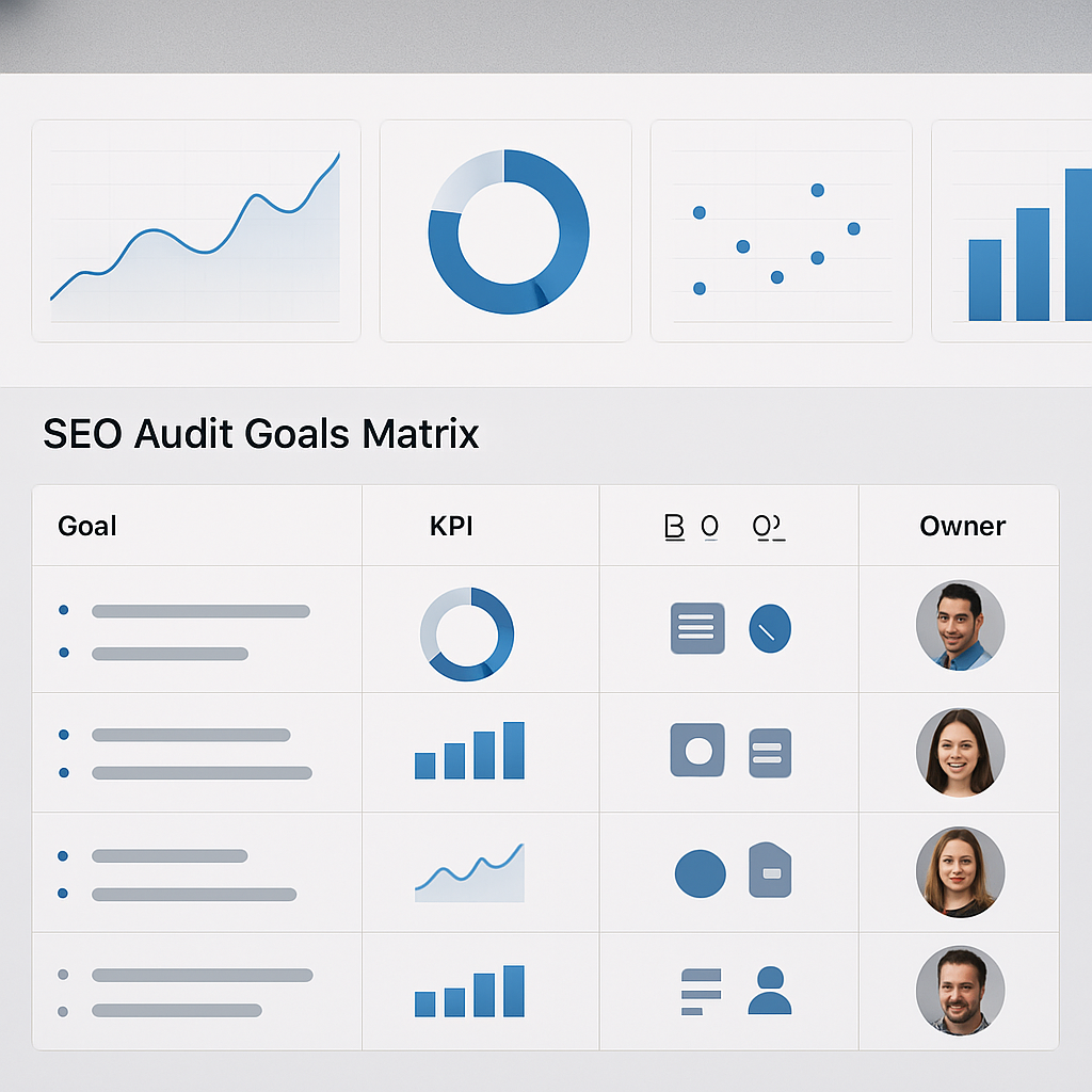 A professional dashboard view showing an SEO audit goals matrix: columns for goal, KPI, data source (Search Console, analytics, log files), and owner; modern UI, clean layout, data visualization widgets visible