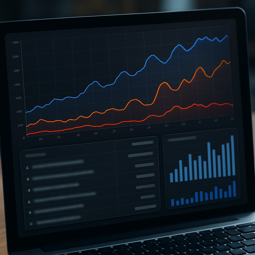 A professional dashboard that overlays search impressions from Google Search Console, crawler-discovered issues, and server log hits on a timeline; clear UI panels showing joined rows for affected URLs, modern UI, photo realistic