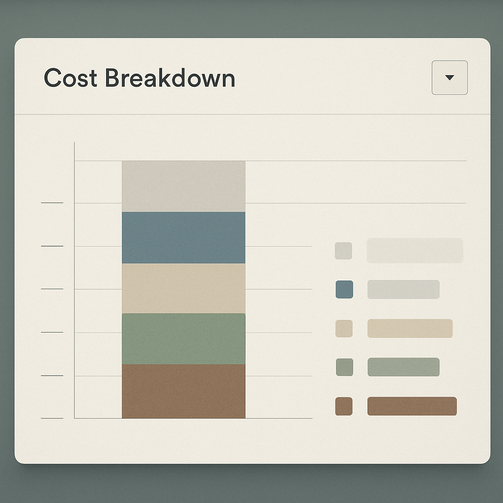 A photo realistic chart-style dashboard showing cost breakdown for seo auditing software: subscription, crawl usage, JS rendering, integrations, developer hours; professional analytics UI, muted color palette, clear labels and sectioned bars