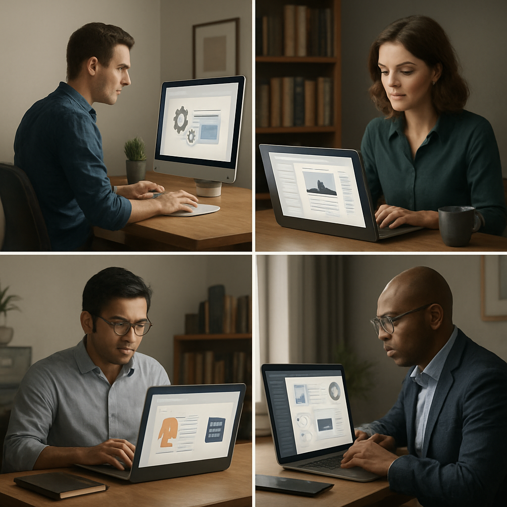 Four-panel professional illustration showing decision scenarios for seo auditing software: small brochure site with a desktop crawler, editorial publisher with content and backlink signals, ecommerce catalog with selective JS rendering and log-file verification, and enterprise dashboard with API and white-label reports; photo realistic