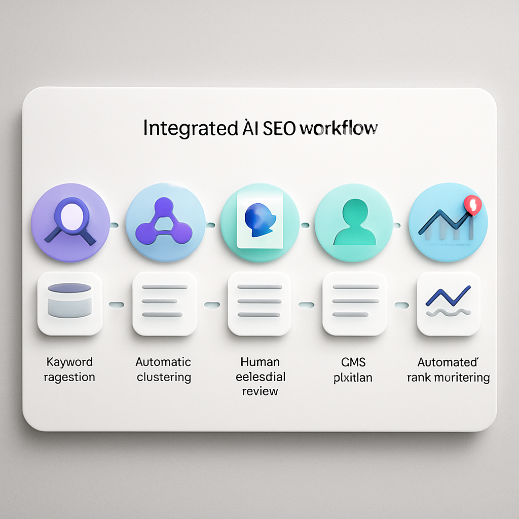 A professional, photo realistic diagram showing an integrated AI SEO workflow: keyword ingestion, automatic clustering, AI generated brief, human editorial review, CMS publish, and automated rank monitoring with alert icons. The visual should look like a modern SaaS dashboard with clean colors and labeled stages.