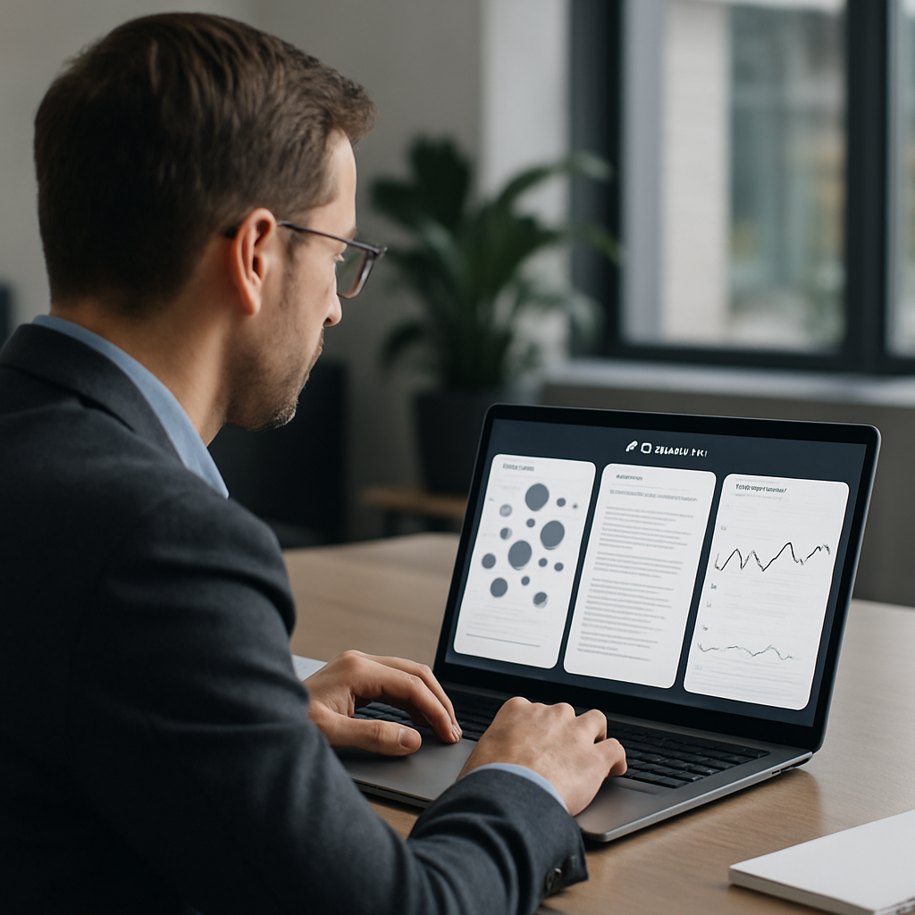 Photo realistic image of a product manager at a desk reviewing an AI SEO dashboard on a laptop. The screen shows three panels: keyword clusters, an AI-generated content brief, and a rank alert timeline. The scene is professional and analytical, with natural lighting and a modern office background.