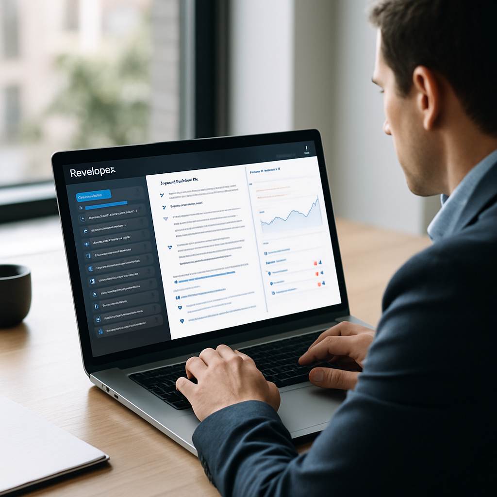 Photo realistic image of a product manager using Ranklytics on a laptop: left panel shows keyword clusters, center shows an AI-generated brief with headings and source URLs, right panel displays a rank timeline with alert badges. Modern office desk, natural light, professional mood.