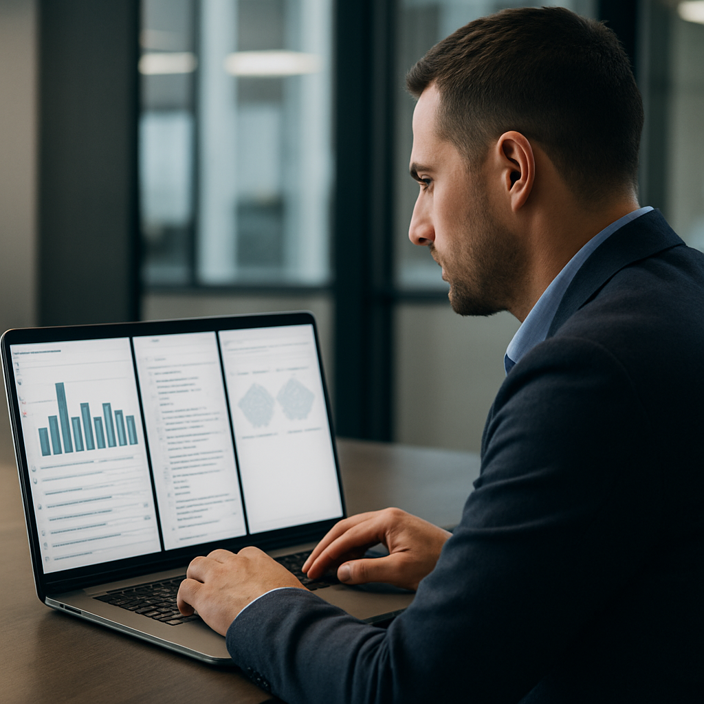 Photo realistic image of a product manager running a two-week AI SEO pilot on a laptop: screen shows three panels — a scoring rubric dashboard, a list of exported briefs in JSON, and a blind draft comparison with editor scores. The scene is professional, modern office lighting, analytical mood.