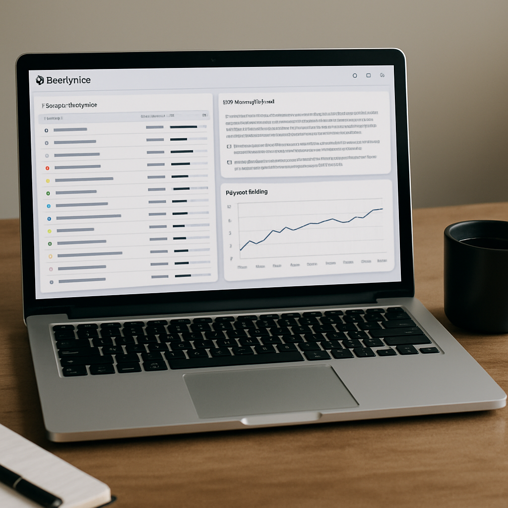 Screenshot-style photo realistic image of a Ranklytics dashboard showing keyword clusters, an open AI-assisted brief, and a rank tracking chart; professional analytics UI on a laptop with a notepad and coffee on a desk