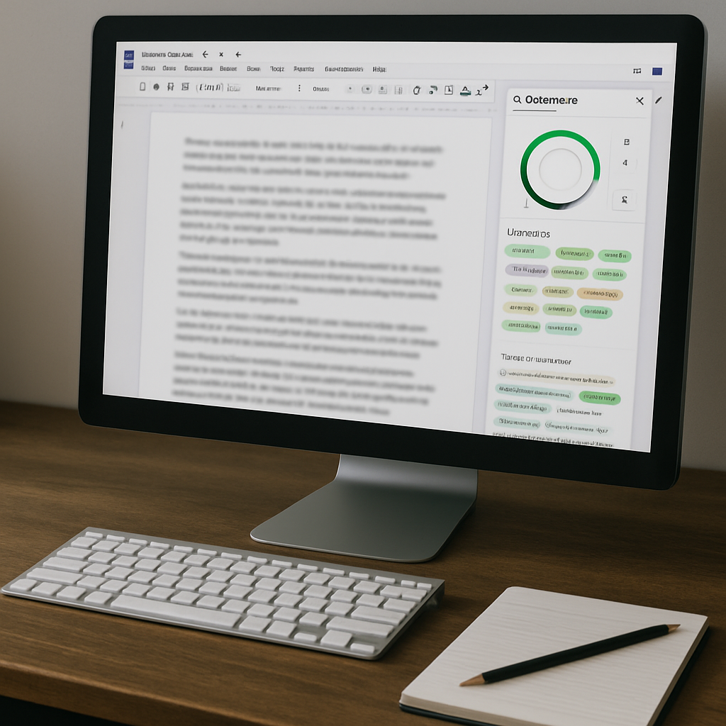 Photo realistic screenshot-style image of Clearscope report open in Google Docs showing a content grade, prioritized keyword list, and inline suggestions; professional desk with keyboard and notepad, analytical mood