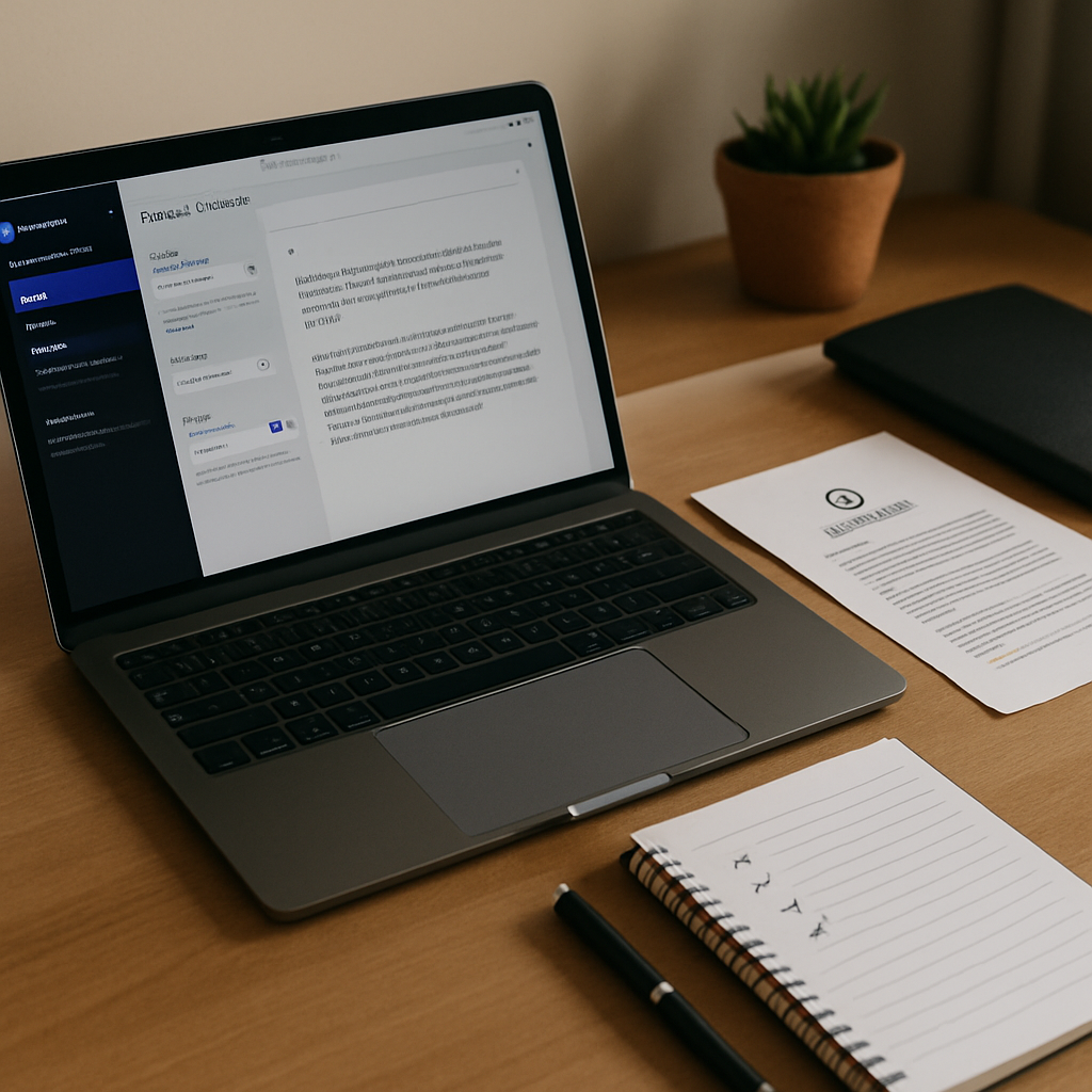 Photo realistic image of a content operations desk showing Jasper long-form assistant open on a laptop with brand voice settings, a printed Ranklytics brief beside it, a notepad with citation checkboxes ticked, professional workspace