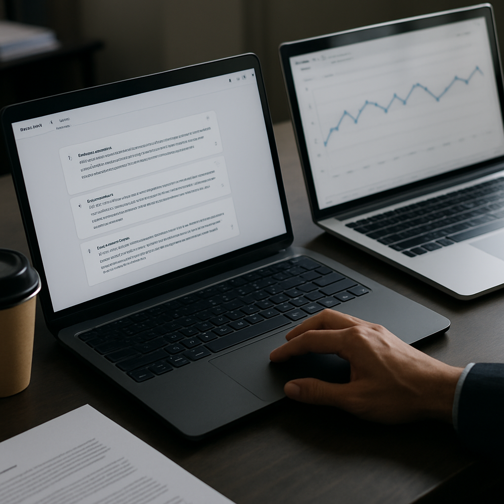 Photo realistic image of a marketer's desktop showing Copy.ai open with generated meta description options, a printed Ranklytics brief beside it, and a laptop displaying an analytics CTR chart; professional, focused mood