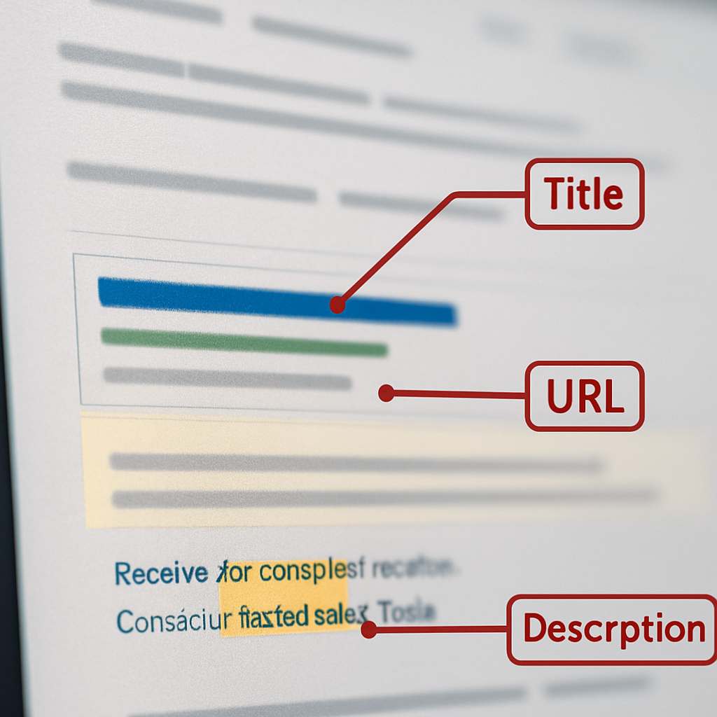 Close up of a desktop search engine results page with one result highlighted. Annotations point to the title, URL, and meta description text. The meta description contains highlighted keywords and a visible CTA. Photo realistic, professional, analytical mood