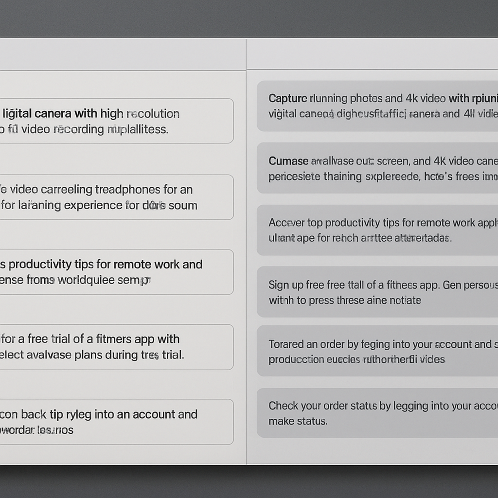 Screenshot-style image of a generator prompt window with fields filled for Product, Category, Blog, Landing, and FAQ prompts. The right pane shows three concise meta variants per page type and length counters. Photo realistic, professional mood