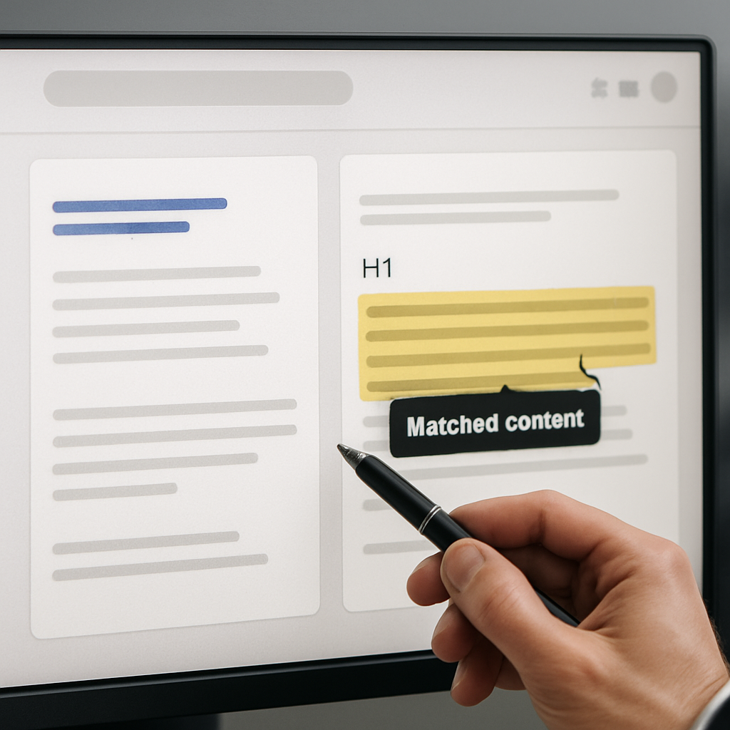 Photo realistic screenshot of a search results page being annotated for snippet comparison. Left column shows original meta text, center shows on page H1 and first paragraph highlighted, right column shows Google rewritten snippet and an overlay indicating which page text matched. Professional, analytical mood