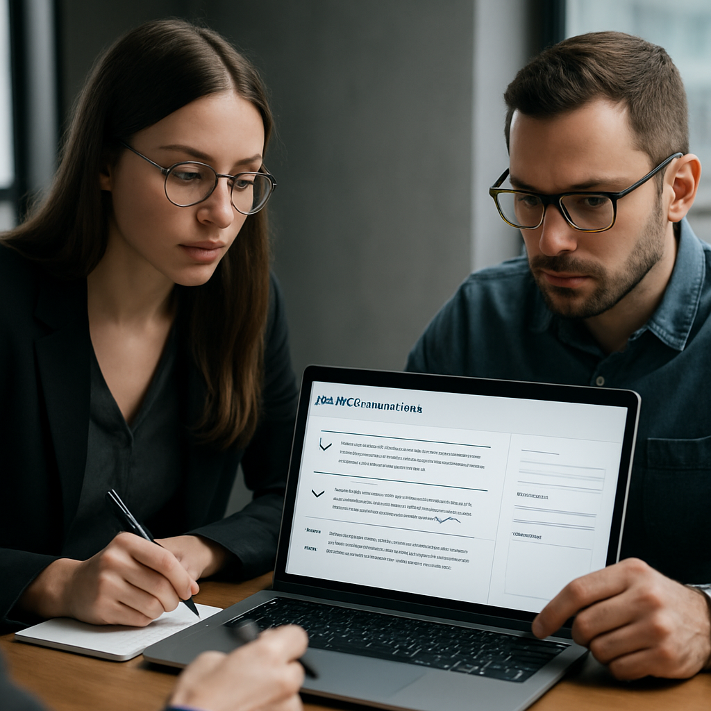 Photo realistic image of two SEO specialists reviewing AI generated meta descriptions on a laptop, annotating which variants are factual, which are on voice, and editing prompts in a sidebar. Professional, analytical mood
