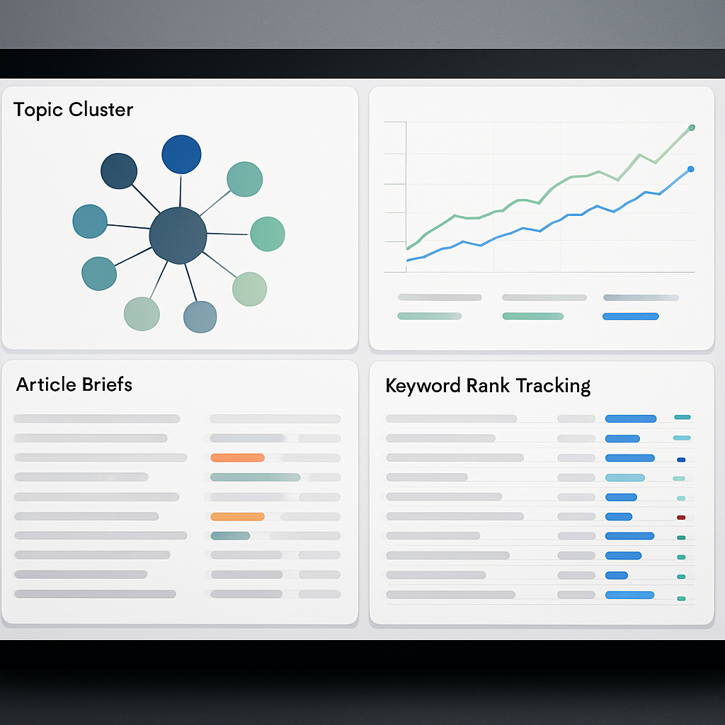 A professional screenshot-style photo realistic image of a content operations dashboard showing topic clusters, article briefs, and a keyword rank tracking panel from an AI-enabled SEO platform. Clean UI, readable charts, and highlighted article status indicators.
