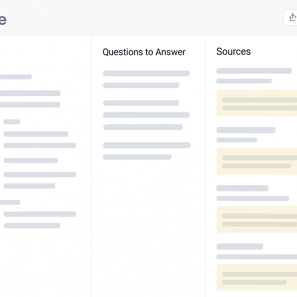 Photo realistic screenshot-style image of a Frase brief screen showing an outline with prioritized H2/H3 headings, a Questions to Answer panel with extracted SERP questions, and a Sources pane listing URLs and highlighted answer snippets. Clean UI, export buttons visible, professional analytical mood.