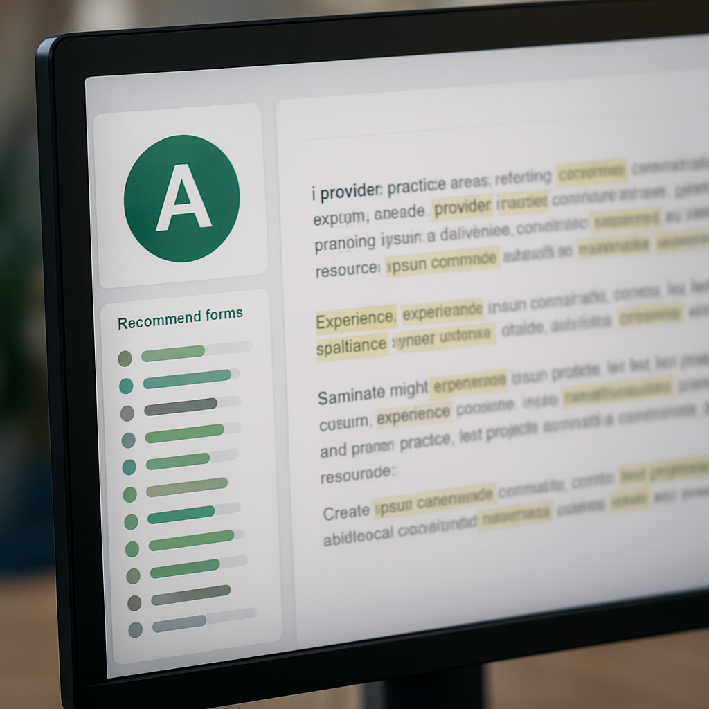 Photo realistic image of an editor's screen showing a Clearscope content report: a grade badge, prioritized keyword list, and highlighted draft segments. The UI should look professional and analytical, with a clear callout for 'Content Grade' and 'Recommended Terms'.