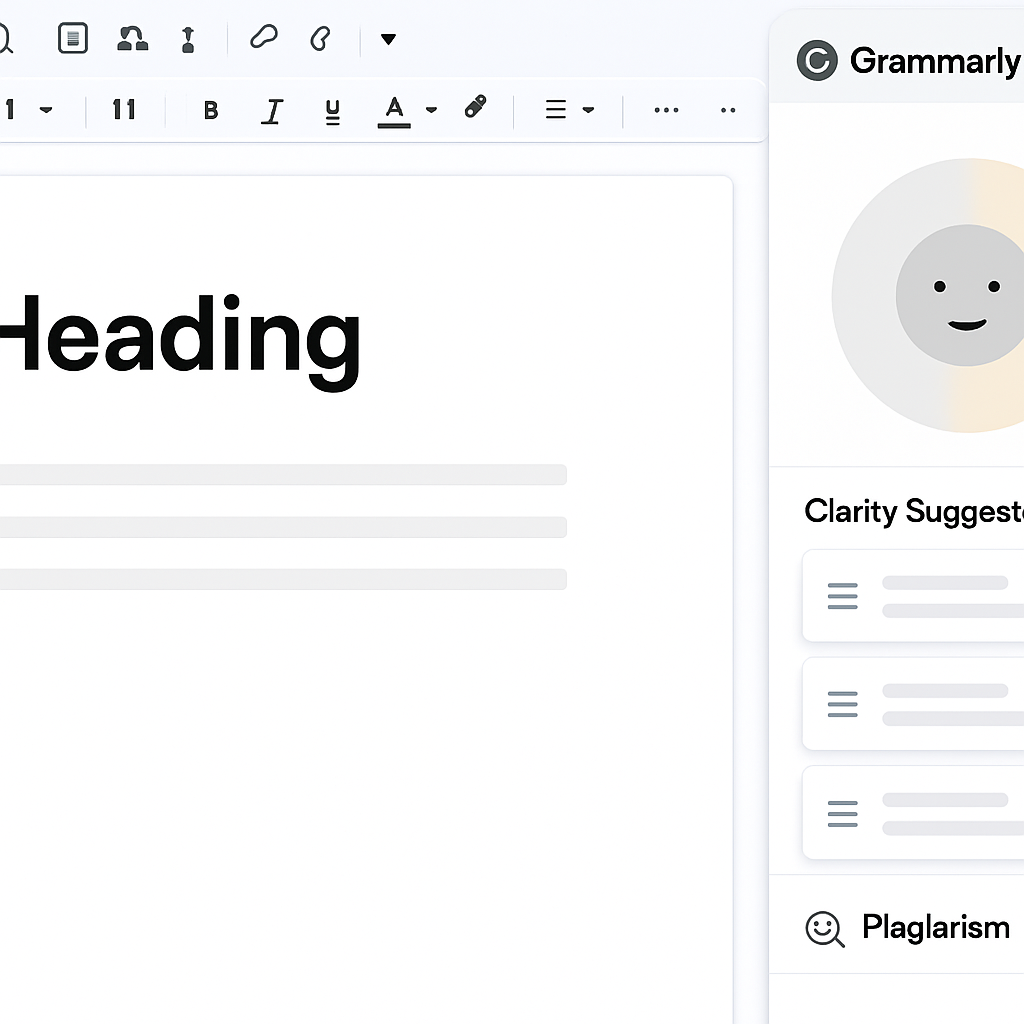 Photo realistic screenshot-style image of Grammarly running inside Google Docs showing the tone detector panel, a list of clarity suggestions, and a small plagiarism check result. Clean professional UI with a document open and a visible H1.