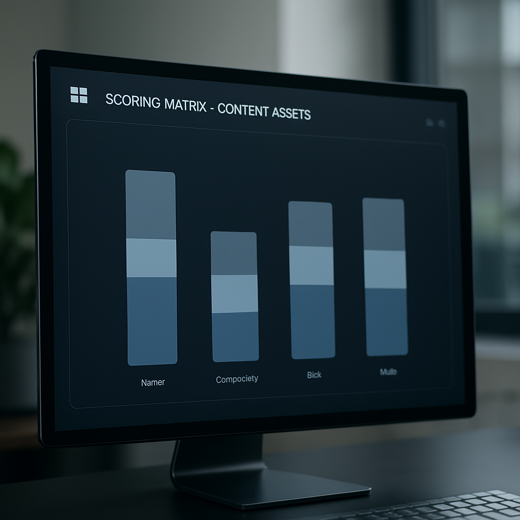 A professional operations dashboard showing a simple 4-dimension scoring matrix for content assets, with bars for Intent, Complexity, Risk, and Scale, clean UI, professional color palette
