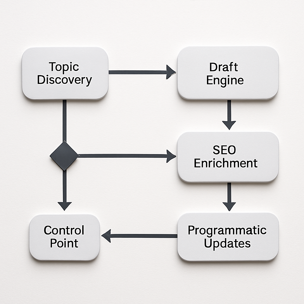 A professional workflow diagram showing stages: Topic Discovery, Outline Generation, Draft Engine, SEO Enrichment, and Programmatic Updates with arrows and labeled control points (claims table, human review gate). Clean UI, photo realistic, professional mood