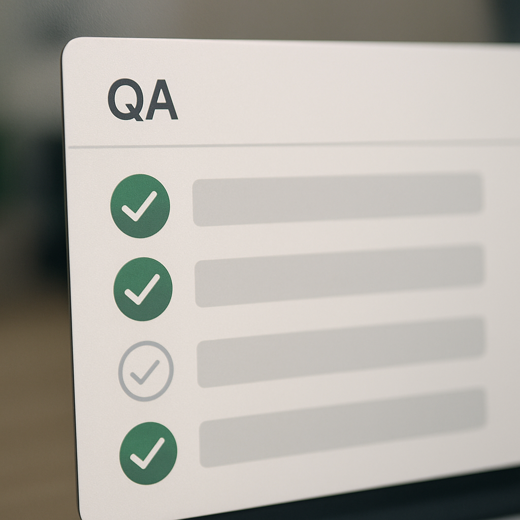 Close-up of a product team QA dashboard showing checklist items being ticked off for an AI-generated article: provenance, SEO pass, plagiarism check, and publish gate. Clean UI, photo realistic, professional mood