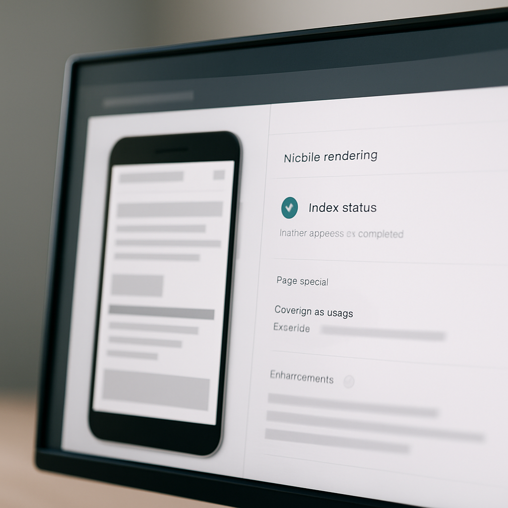 Photo realistic close up of Chrome Search Console URL Inspection showing mobile render and index status on a desktop monitor, professional analytical mood