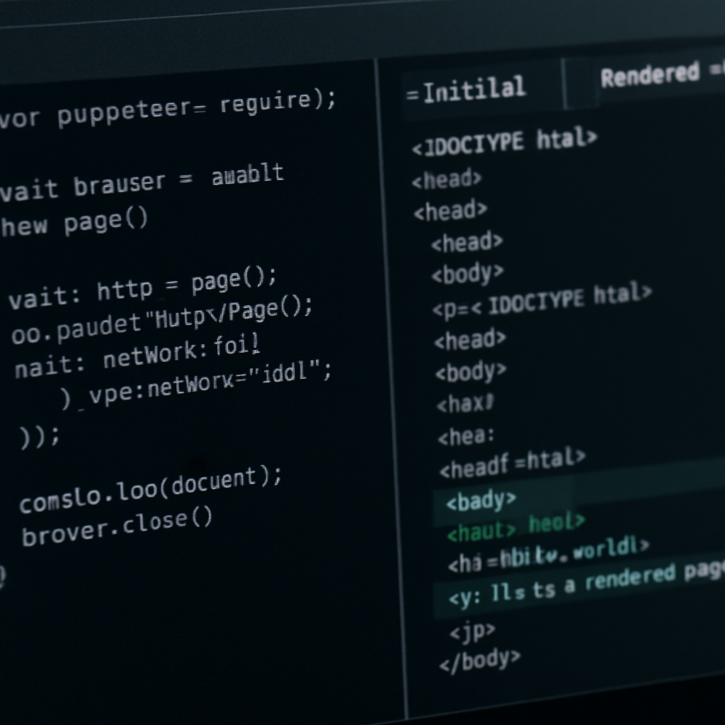 Photo realistic screenshot of a developer terminal showing a Puppeteer script capturing rendered HTML and a side-by-side diff of initial versus rendered output, professional analytical mood