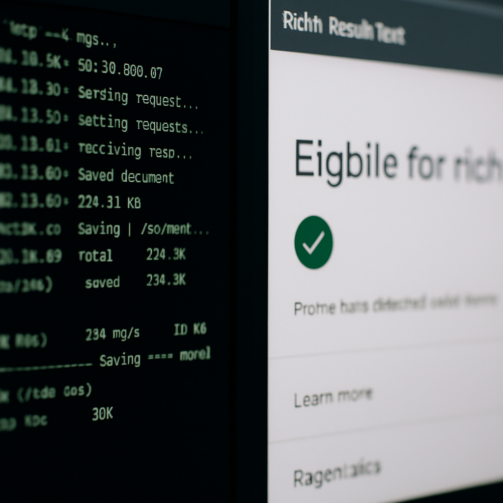 Photo realistic close-up of a developer terminal showing wget command output and a Rich Results Test results screen for mobile URL, professional analytical mood