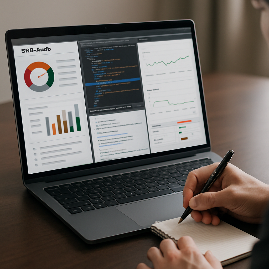 Photo realistic image of a laptop screen showing an SEO audit dashboard, side by side DOM snapshot and Google Search Console report, with a developer writing notes; professional, analytical