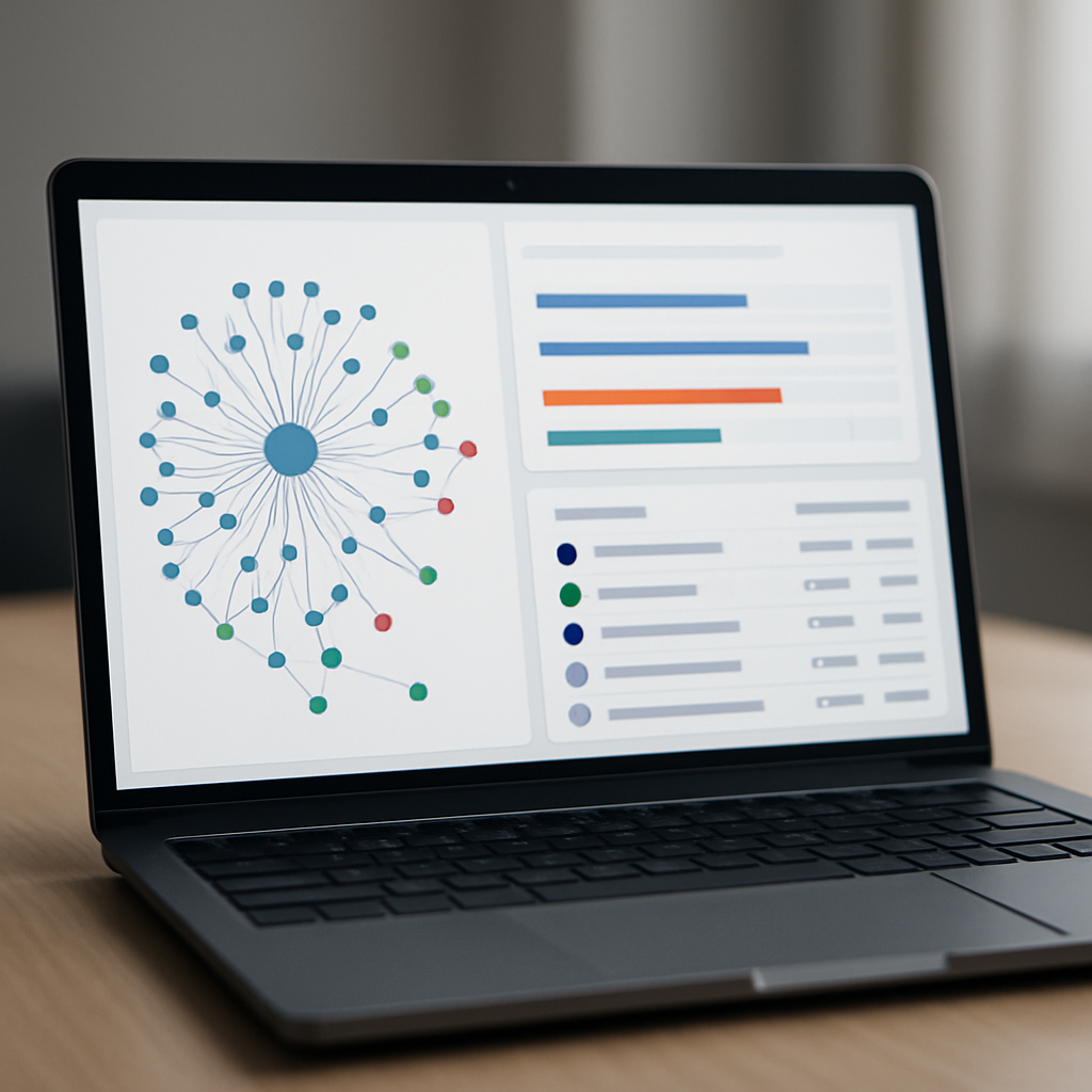 Photo realistic image of a laptop showing an Ahrefs Site Audit dashboard with a visual crawl map, redirect chain panel, and backlink anchor list; professional, analytical