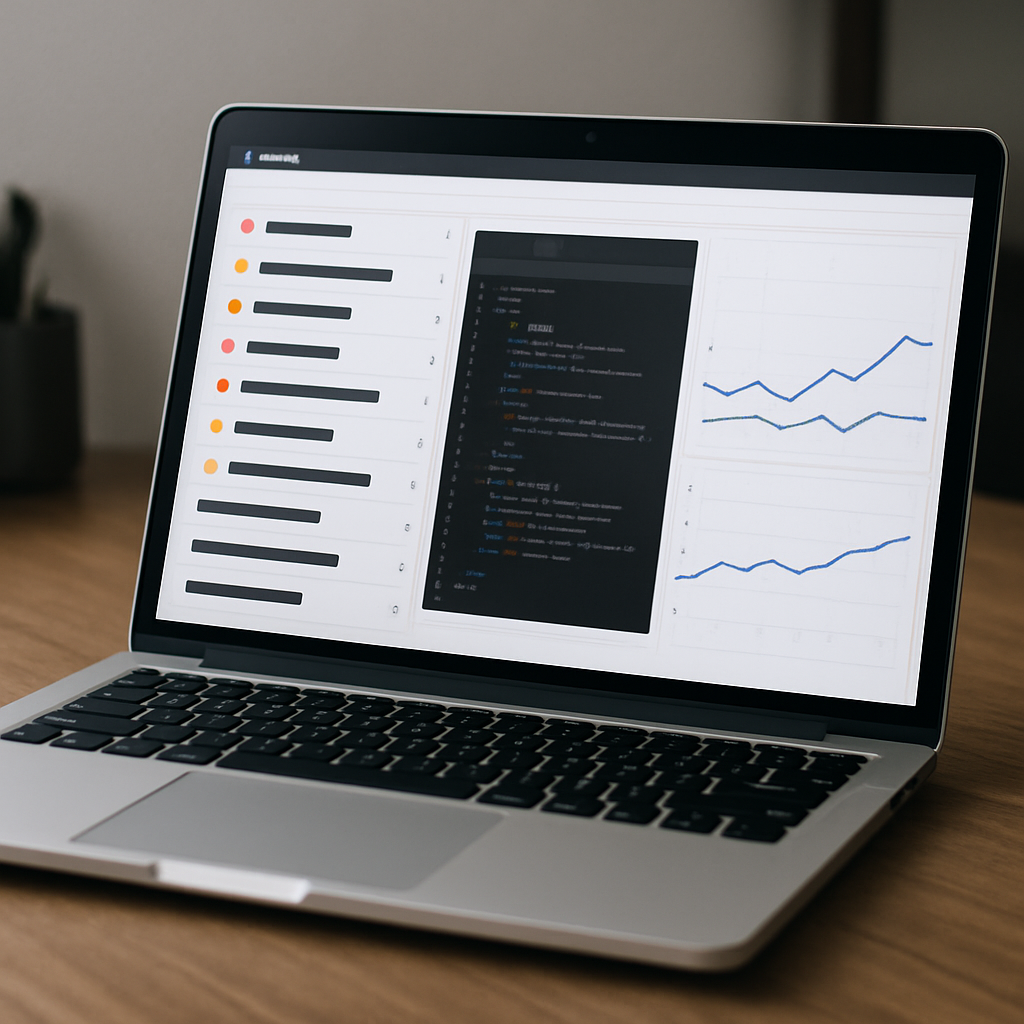 Photo realistic image of a Sitebulb audit screen showing grouped template issues, a DOM snapshot pane, and a log-file correlation chart on a laptop; professional, analytical