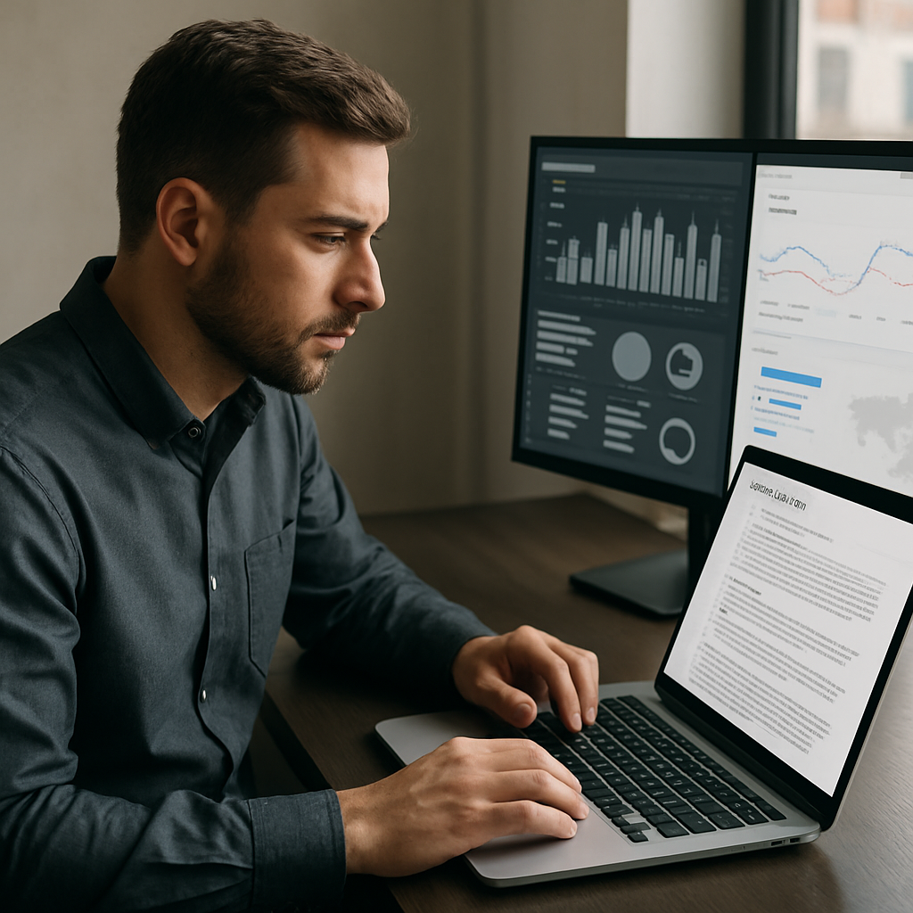 Photo realistic image of a content manager reviewing AI-generated SEO briefs on a laptop, with an audit dashboard and Google Search Console open on a second monitor; professional, analytical