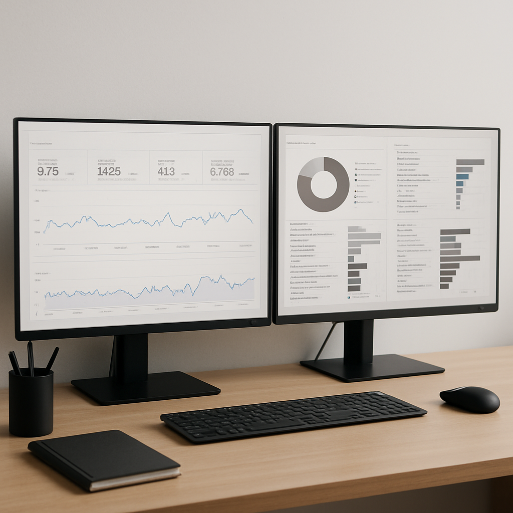 A clean project desk with dual monitors showing Google Search Console performance report on one screen and a Screaming Frog crawl summary on the other, professional, high-resolution, analytical mood